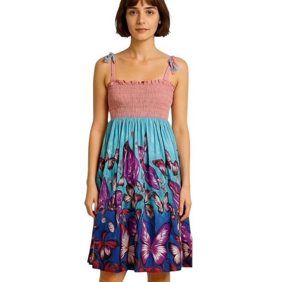 447-Butterfly and flower print dress with adjustable straps and elastic waist - Picture 1 of 4